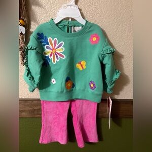 Rare Editions Mint Green Sweatshirt with Pink Flower Appliqué